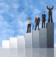Business professionals standing on steps with hands in the air
