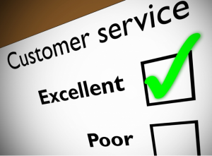 Chart with a neon green check mark in a customer service box 