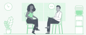 Illustration of an interview setting with a candidate and interviewer, emphasizing top interview mistakes to avoid