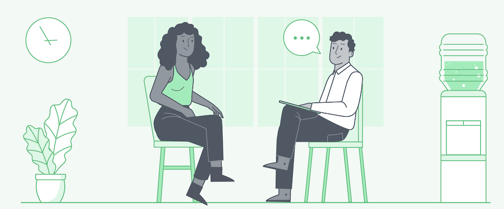 Illustration of an interview setting with a candidate and interviewer, emphasizing top interview mistakes to avoid