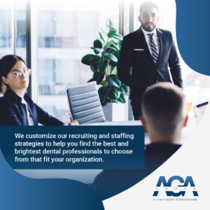 Your trusted healthcare staffing solution: AGA Group professionals in modern office discussing customized recruiting strategies for dental staffing, showcasing expertise and collaboration.